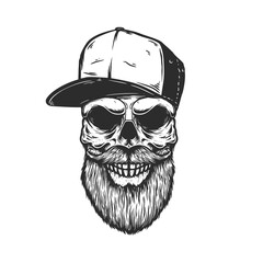 Illustration of bearded skull in baseball cap in engraving style. Design element for logo, emblem, sign, poster, card, banner. Vector illustration