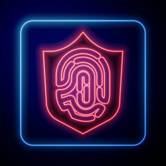 Glowing neon Protection shield encoded fingerprint icon isolated on blue background. ID app icon. Identification sign. Safety finger scan concept. Vector.
