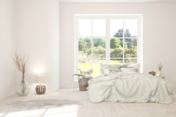 White bedroom interior. Scandinavian design. 3D illustration