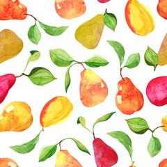 Watercolor seamless pattern with pears and leaves on a white background. Autumn print with different ripe pears.
