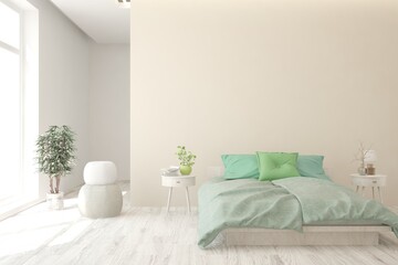 White bedroom interior. Scandinavian design. 3D illustration