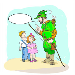 Robin Hood standing with bow and arrows. Robin Hood teaching children. Robin Hood in retirement. Medieval legends.