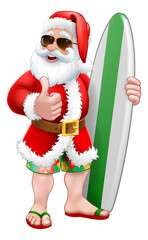 Christmas cartoon of Santa Claus in sunglasses shades with his surfboard giving a thumbs up