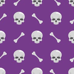 Vector illustration. Seamless pattern with skulls and bones on a purple background. Design element for poster, banner, clothes.