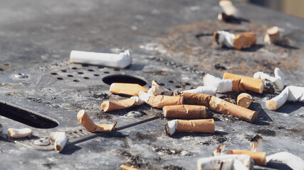 Cigarette butts on an ashtray waste bin	
