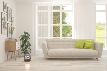 White living room with sofa and summer landscape in window. Scandinavian interior design. 3D illustration