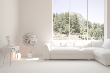 White living room with sofa and summer landscape in window. Scandinavian interior design. 3D illustration