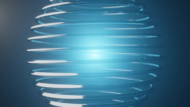 Metallic sphere created from spiral, abstract body with interior lighting, geometric body rotating in dark blue space. HUD movie, GCI abstract background, sci-fi animation, 3d render