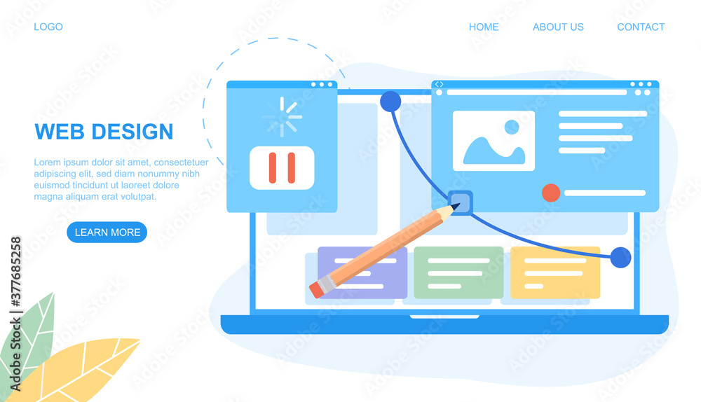 Aufkleber web design concept with layouts or templates for pages on a laptop screen with pencil, colored vecto