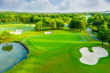 Aerial view of green grass and tree on golf course.