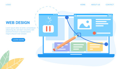 Fototapeta premium Web Design concept with layouts or templates for pages on a laptop screen with pencil, colored vector illustration