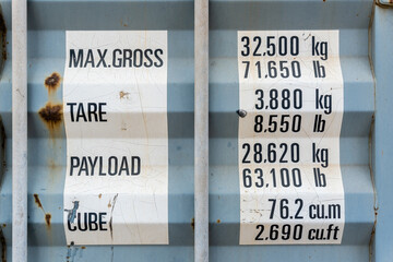 The weight label is clarified on the container, Cargo container close up