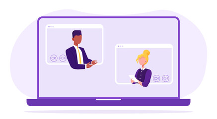 Online communication between businesspeople with a man and woman chatting on a laptop computer screen discussing documents, colored vector illustration