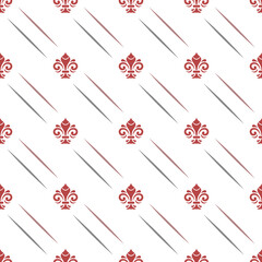 Seamless pattern. Modern geometric ornament with red royal lilies. Classic vintage background