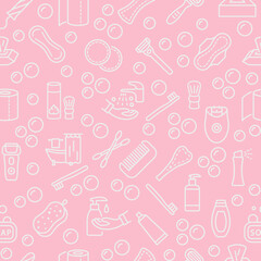Seamless pattern with vector line flat icon. Personal hygiene products. Pink background color and white symbols. Womens and mens individual hygiene items.