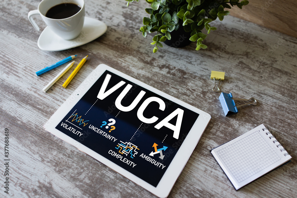 Poster vuca world concept on screen. volatility, uncertainty, complexity, ambiguity.