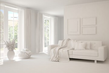 White minimalist living room with sofa. Scandinavian interior design. 3D illustration