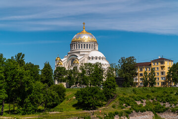 Summer views of St. Nicholas Sea Cathedral from the Summer garden in Kronstadt.