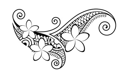 Maori style tattoo.  Ethnic decorative oriental ornament with Frangipani Plumeria flowers. Coloring book page.