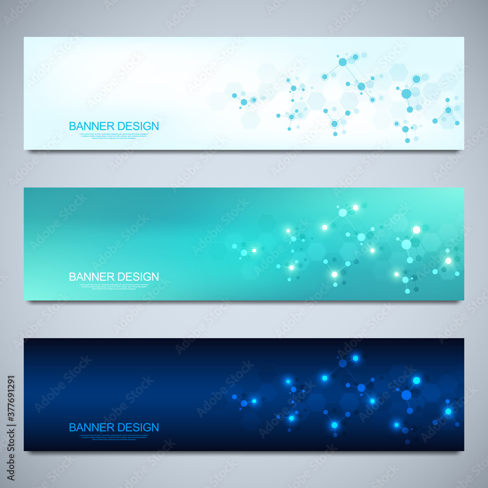 Poster banners design template with molecular structures and neural network. abstract molecules and genetic
