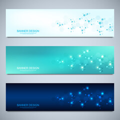 Fototapeta premium Banners design template with molecular structures and neural network. Abstract molecules and genetic engineering background. Science and innovation technology concept.