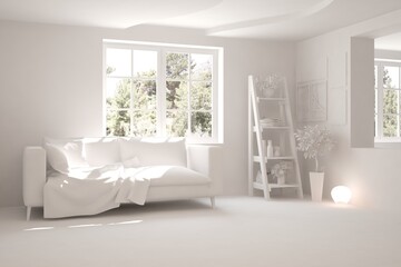 White living room with sofa and summer landscape in window. Scandinavian interior design. 3D illustration