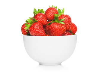 Fresh raw organic strawberries in white ceramic bowl plate on white background.