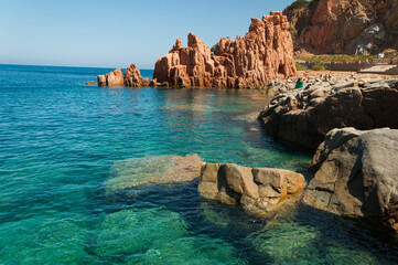 Sardinia Coastline: Typical Red Rocks and Cliffs near Sea in Arbatax; Italy