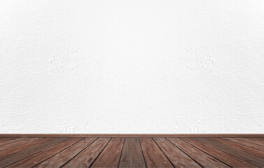 Empty interior room with white cement wall texture and brown wooden floor pattern. Concept interior vintage style