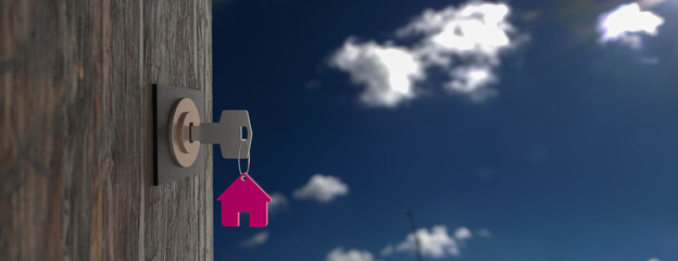 House model and key in house door. Real estate agent offer house, property insurance and security, affordable housing concepts. 3d rendering