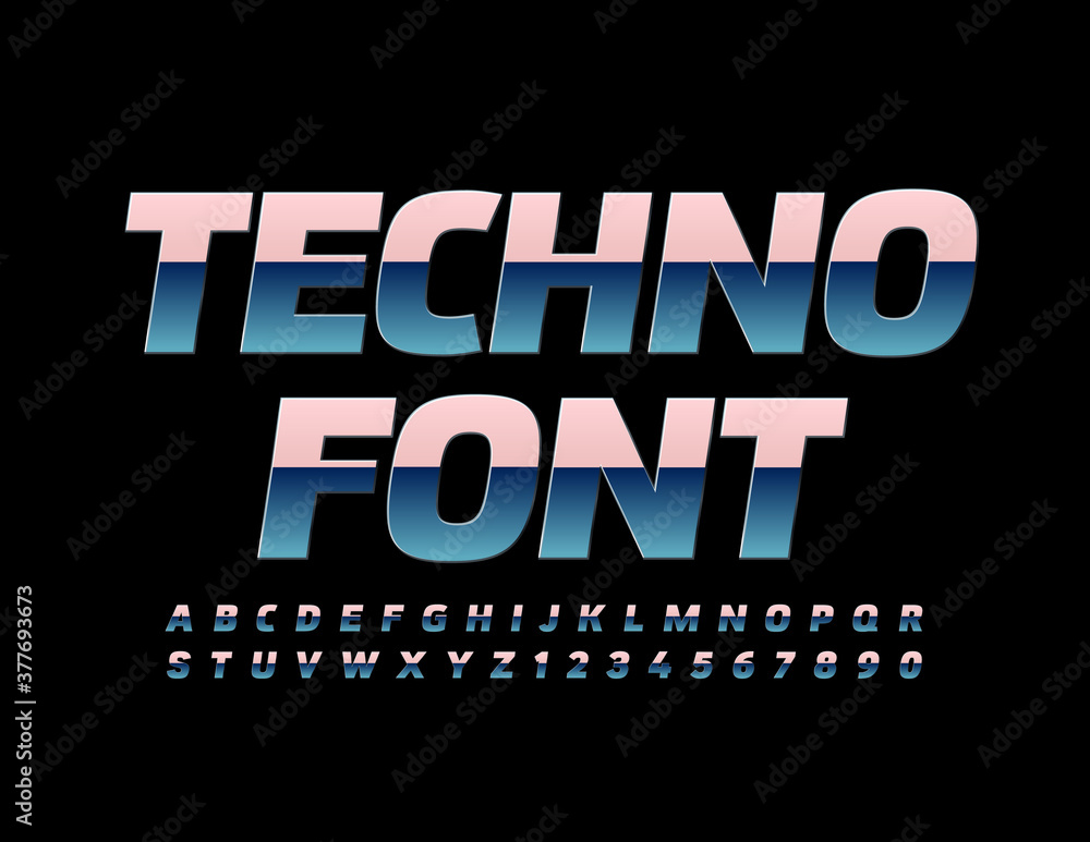 Wall mural Vector Techno Font. Gradient metallic Alphabet. Glossy chrome reflective Letters and Numbers set