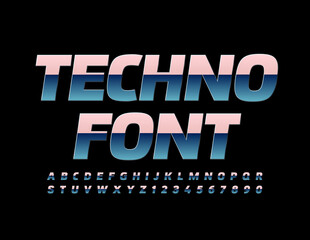 Vector Techno Font. Gradient metallic Alphabet. Glossy chrome reflective Letters and Numbers set