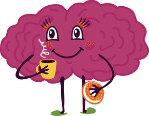 Smiling face brain character with coffee and donut. Morning concept. Vector stock illustration in cute doodle style.