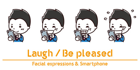 スマホを持った男性の表情のイラスト/笑う/喜ぶ