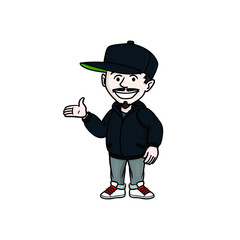 Illustration of a comic avatar with a raised hand. black hoodie and cap.