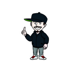 comic avatar with raised index finger. hoody, baseball cap. avatar, comic.