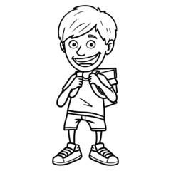 Comic outline drawing of a school boy with a satchel. laugh, coloring book, monochrome.