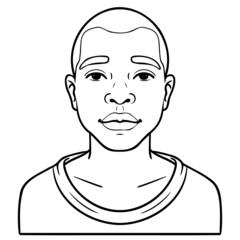 monochrome comic drawing of an african boy with sweater. upper body, outline.