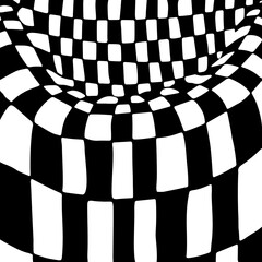 Abstract checkered geometric background. Fantastic chess illusion. black and white colors. Freehand drawing. Vector illustration.