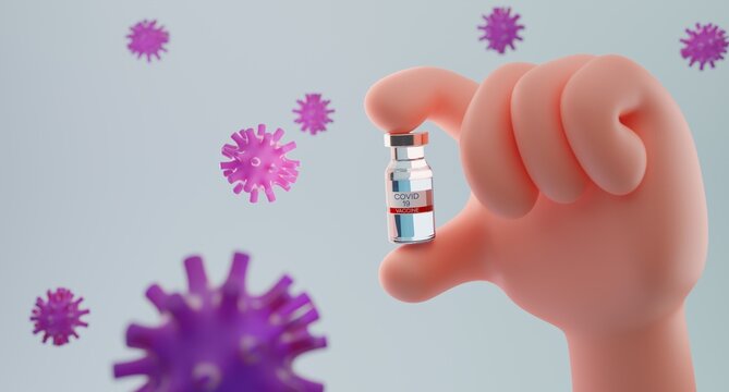 3D render concept illustration of a vaccine vial in hand, Covid-19, Coronavirus vaccine