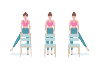 Woman doing exercises step by step. Exercises that can be done at-home using a sturdy chair. Isolated vector illustration in cartoon style.