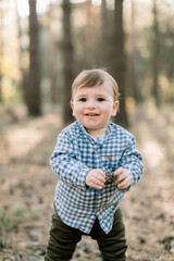 Little baby boy in the stylish casual checkered shirt and dark pants, standing in beautiful autumn pine forest, holding in hands a cone and looking at camera with smile