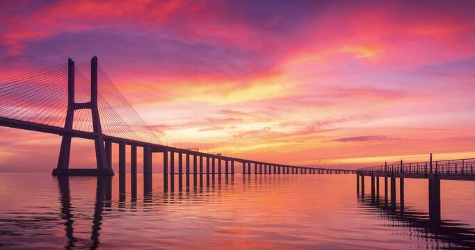 Timelapse of a colorful and beautiful sunrise in Vasco da Gama Bridge in Lisbon, Portugal. Red an yellow clouds in the sky, perfect reflections in Tagus river.