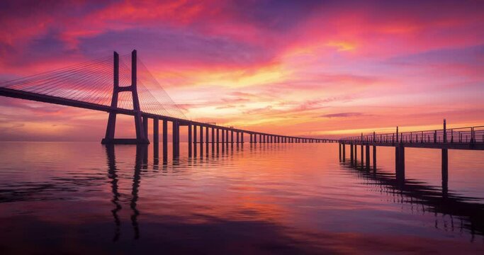 Timelapse of a colorful and beautiful sunrise in Vasco da Gama Bridge in Lisbon, Portugal. Red an yellow clouds in the sky, perfect reflections in Tagus river.