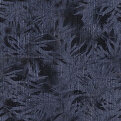 Seamless patterned denim jean for print. High quality illustration. Grungy trendy street wear design. Real detailed denim texture with digital floral pattern overlay. Navy blue deep dark colors.