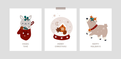 Fototapeta premium Baby Christmas Holiday milestone cards with deer, christmas tree, bunny. Happy new year or Merry Christmas postcards, poster, banner, room decoration. Festive xmas greeting cards vector template