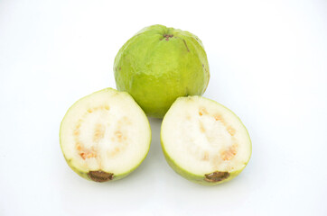 the ripe green white guava fruit isolated on white background.