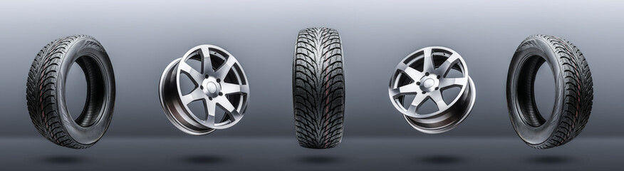 tires and wheels- panoramic photo concept for the header of a car website or auto parts store