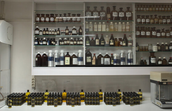 bottles and chemicals in a laboratory of a german pharmacy in a bavarian local community