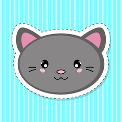 Cute cartoon black kitten. Cat head sticker. Vector illustration.